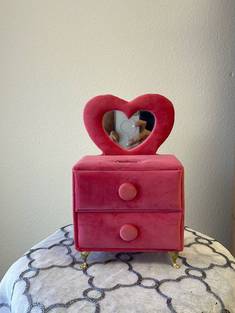 Nicole Lee Rose Pink Velvet Heart Jewelry Organizer with Mirror